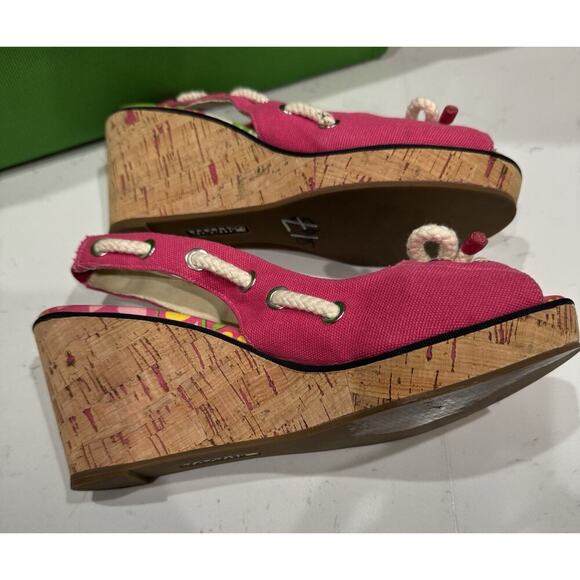 SPERRY Top Sider SOUTHPORT Pink Canvas SLINGBACK Wedges Nautical Rope Bow SZ 9 - Picture 5 of 5